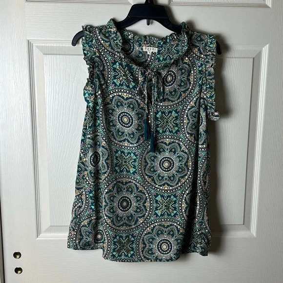 Teal Medallion Ruffle Tie-Neck Sleeveless top - Picture 1 of 4